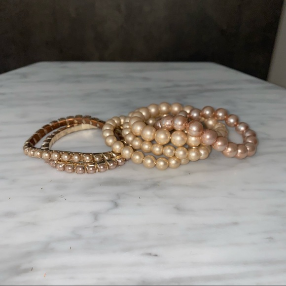 Bundle of six Gold and Rose Gold pearl stretchy bracelets - Picture 3 of 3